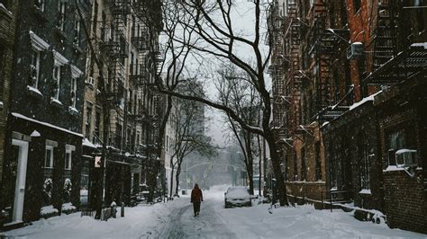 Winter Street City Snow Trees Road Wallpapers Hd Desktop And