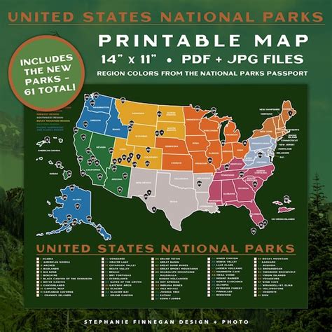 Printable National Parks Map 14x11 Poster Us Etsy National Parks