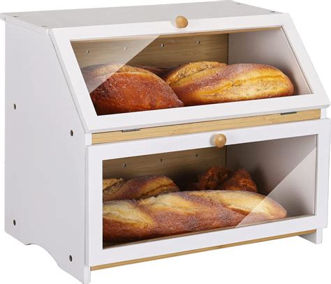 Homekoko Double Layer Large Bread Box For Kitchen Counter Wooden Large
