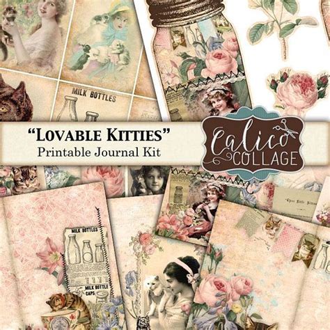 Cat Junk Journal Kit Ephemera Pack Printable Lovable Kitties Etsy