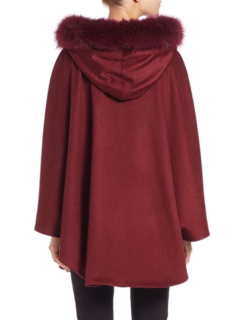 Sofia Cashmere Fox Fur Trimmed Wool And Cashmere Cape In Purple Burgundy