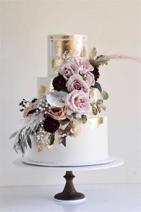 floral and metallic white chic rust wedding cake for autumn wedding ideas wedding cakes elegant