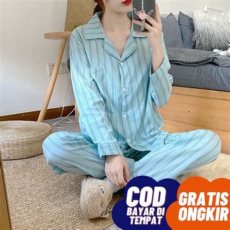 Jual Baju Tidur Wanita Areum Long Sleepwear Biru Lengan Panjang Celana