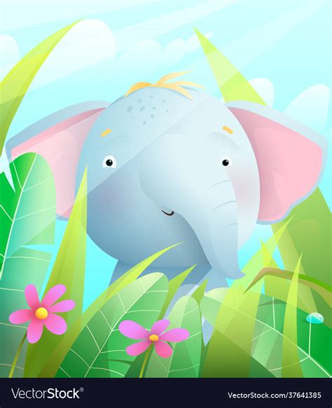 Cute Baby Elephant Sitting In Savannah In Grass Vector Image