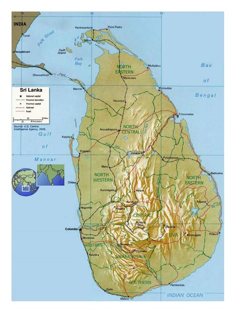 detallado mapa político y administrativo de sri lanka con socorro carreteras ferrocarriles y