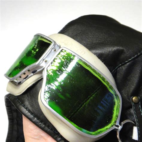 Black leather hat Aviator helmet Bomber hat Green goggles | Etsy