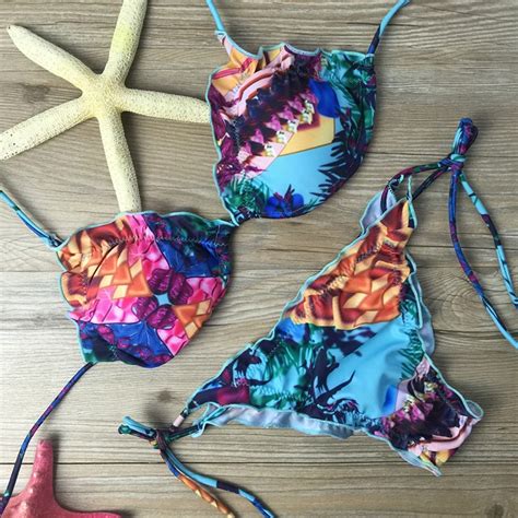 Women Sexy Hit Color Rainbow Printing Bikinis Swimsuit Beach Swimwear