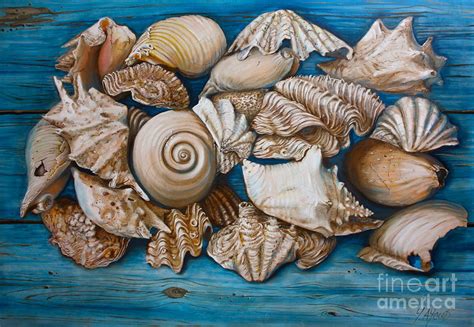 Sea Shells On Wood Painting By Yvonne Ayoub