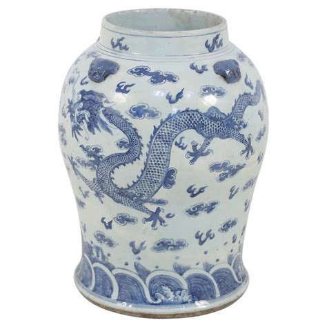 Chinese Peach White And Blue Dragon Motif Porcelain Vase For Sale At