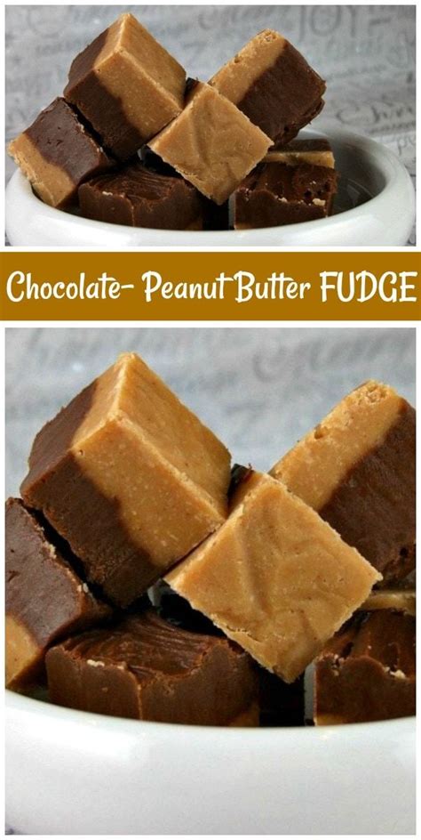 chocolate peanut butter fudge in a white bowl with two pictures showing the top and bottom