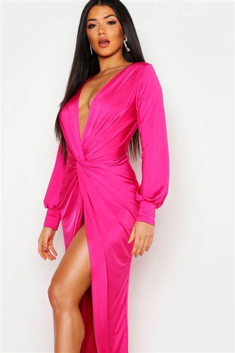 Boohoo Daria Twist Front Plunge Slinky Maxi Dress In Pink Lyst