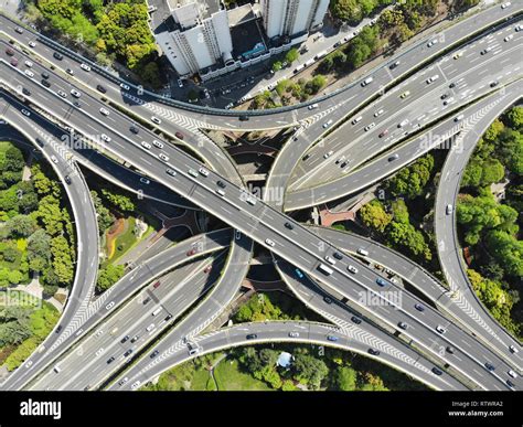 Elevated 5 Levels Road Junction In Shanghai Center Aerial View From
