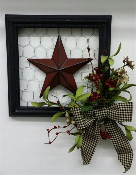 Country Primitive Star In Frame With Chicken Wire And Flowers