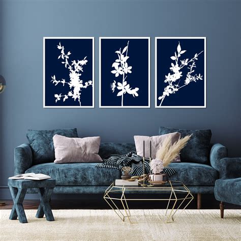 3pc Navy Blue Cherry Blossom Prints Blue Wall Art Navy Blue Etsy Uk