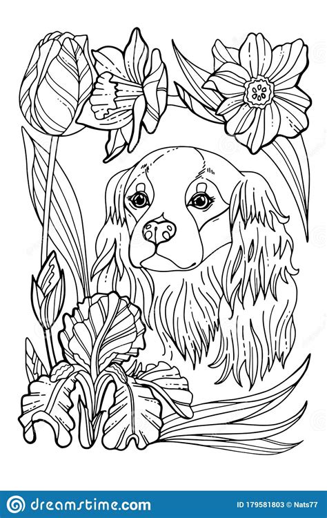 A Beautiful Puppy In A Flower Wreath Coloring Book Page