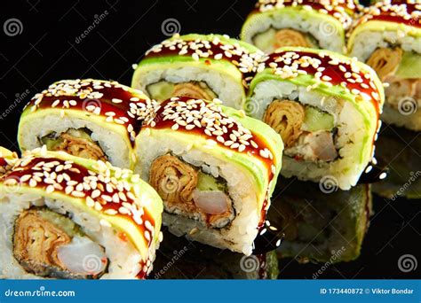 Traditional Sushi Roll With Shrimps Cream Cheese And Egg Omlet On
