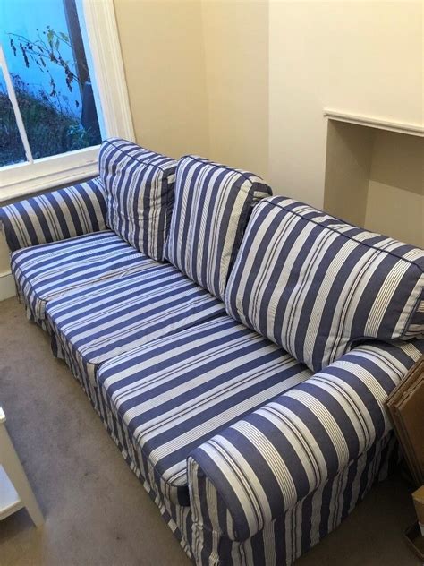Large 3 Seater Blue And White Striped Fabric Sofa In Wimbledon London