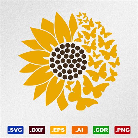 Sunflower Butterflies Svg Dxf Eps Ai Cdr Vector Files for - Etsy