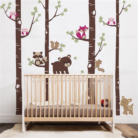 Birch Trees With Cute Forest Animals Wall Decal Simple