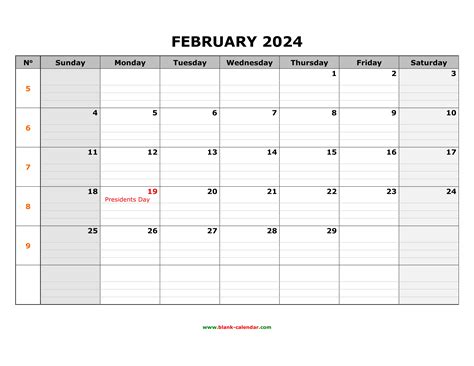 Free Download Printable February 2024 Calendar Large Box Grid Space