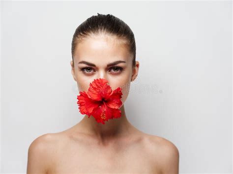 Beautiful Woman Naked Shoulders Red Flower Cropped View Light