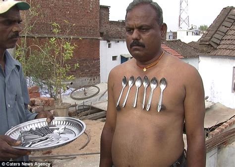 indian man showcases magnetic chest that can hold metal objects without falling daily mail online