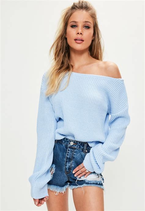 Missguided Blue Off Shoulder Knitted Sweater Knit Outfit Clothes