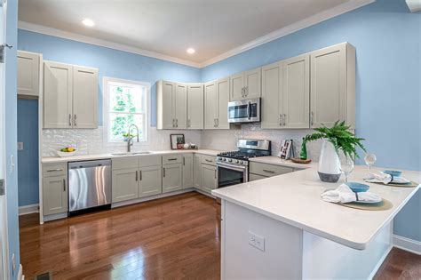 Grey Kitchen Cabinets With Light Blue Walls