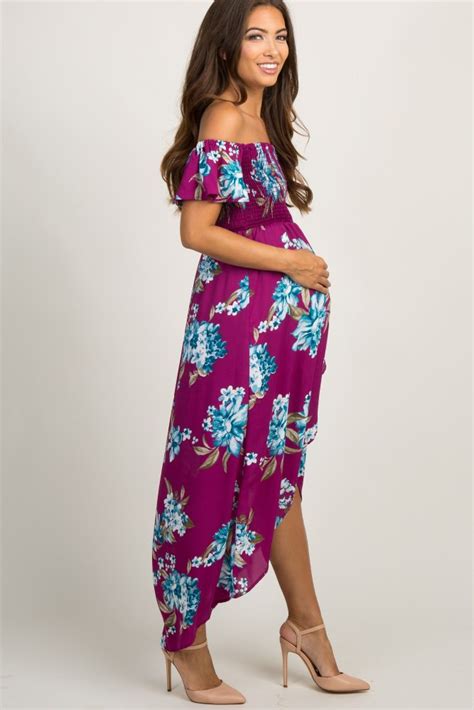 Purple Floral Off Shoulder Smocked Wrap Maternity Dress Maternity Wrap Dress Dresses