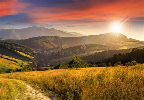 Path On Hillside Meadow In Mountain At Sunset Stock Photo Image Of
