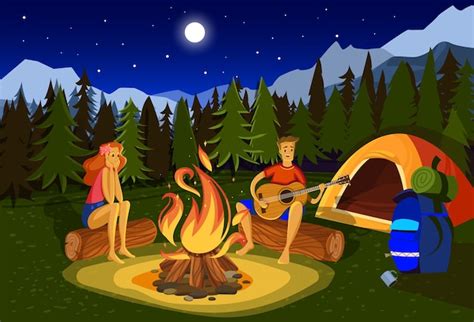 Ilustración de vector de camping nocturno dibujos animados plana feliz