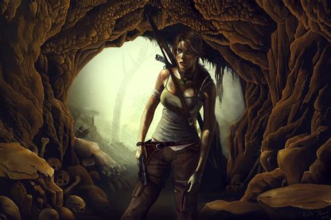 Full Hd Wallpaper Tomb Raider Art Cave Bow Skull Ruin
