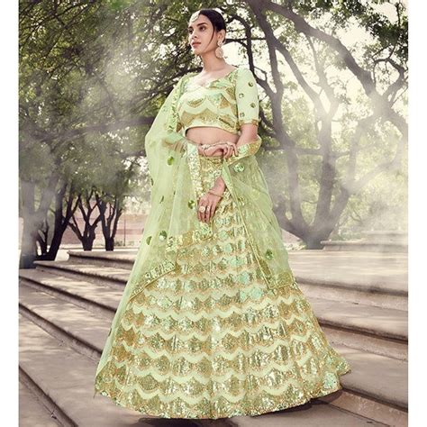 Bridal Lehengas Pista Green Soft Net Sequence Work Bridal