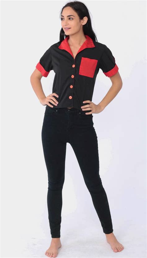 Contrast Collar Blouse 80s Black Button Up Shirt Diner Uniform Etsy