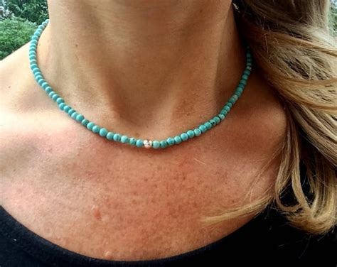 Turquoise Choker Necklace Sterling Silver Blue Turquoise Beaded