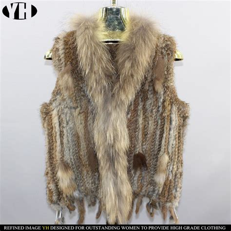 Natural Rabbit Fur Vest With Raccoon Fur Collar Party Waistcoat Jackets Knitted Gilets Women