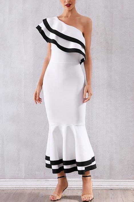 Weißes One Shoulder Ruffle Mermaid Bandage Kleid | Striped bandage dress, Bandage dress, Long ...