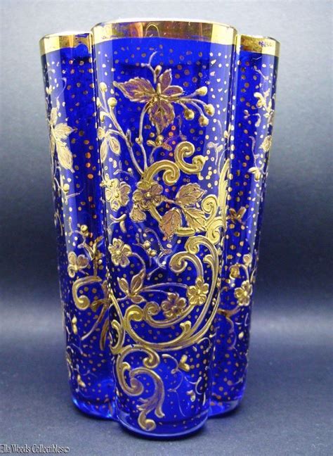 Atq Bohemian Quatrefoil Cobalt Blue Glass Beaker Hp Gold Enamel Floral