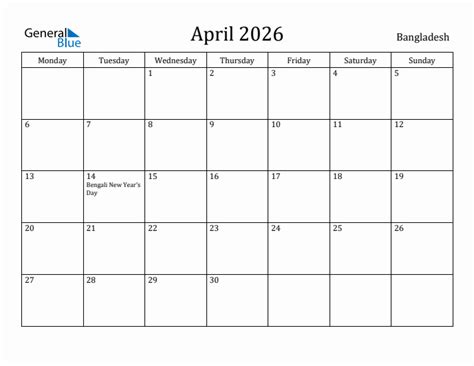 April 2026 Bangladesh Monthly Calendar With Holidays