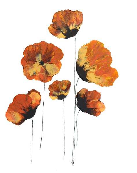 Abstract Flower Art Poppies Aflame Orange Yellow Floral 26 X 20 On