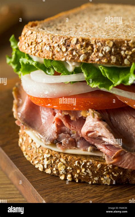Homemade Roast Beef Deli Sandwich With Lettuce And Tomato Stock Photo