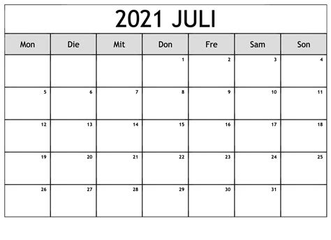 Druckbare Juli 2021 Kalender Vorlage Zum Ausdrucken Pdf Excel The