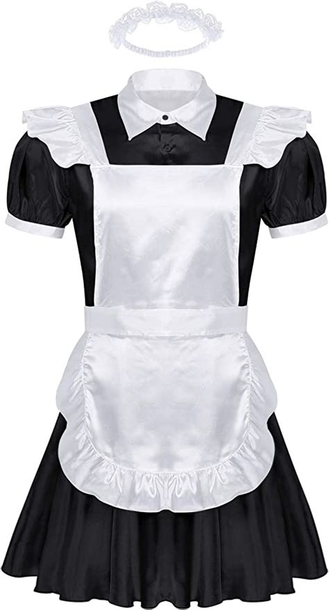 Yuumin Mens Sissy Satin Frilly French Maid Uniform Lingerie Outfit