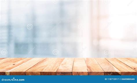 Wood Table Top On Blur White Glass Window Background Form Office Stock