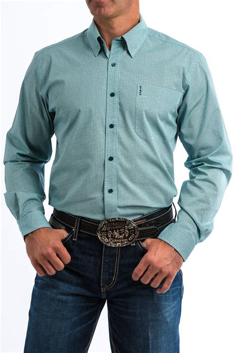 Cinch Jeans Mens Turquoise And Teal Tonal Print Western Button Down Shirt Cinch Jeans Men