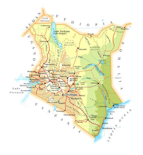 Detailed Elevation Map Of Kenya With Roads Cities And Airports Kenya