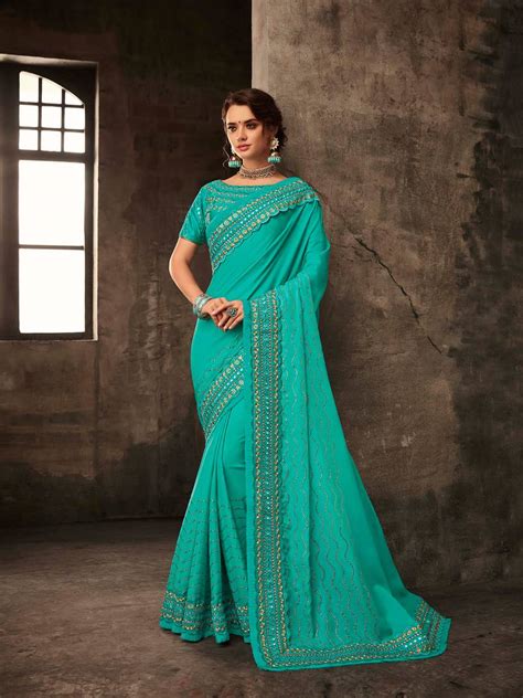 Turquoise Blue Poly Silk Embroidered Heavy Work Saree Indian Women