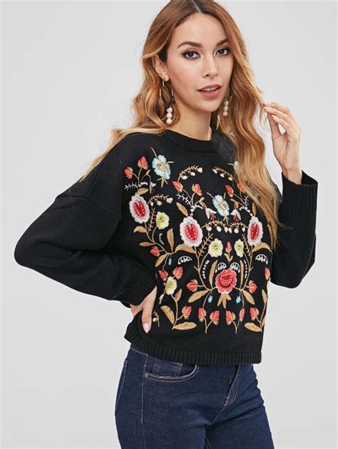 Buy Zaful Flower Embroidery Crew Neck Sweater Loose