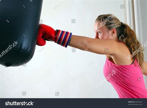 Sporty Girl Boxing Gloves Punching Action Stock Photo 26067253