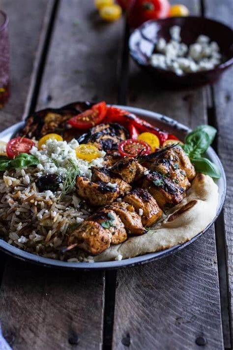 Greek Chicken Souvlaki And Rice Pilaf Plates Wmarinated Veggies Feta